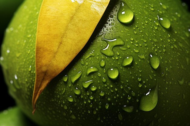 Foto hay una manzana verde con gotas de agua en ella.