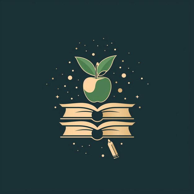 hay una manzana verde con un libro y un lápiz en ella