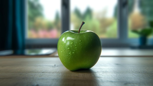 hay una manzana verde sentada en una mesa con gotas de agua generativa ai