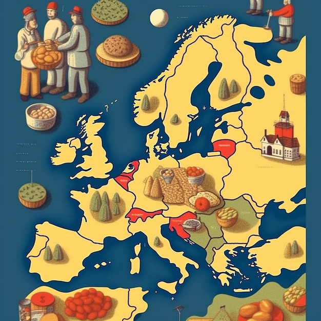 Foto hay un mapa de europa con gente y comida en él.