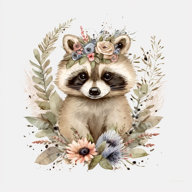 Hay un mapache con una corona de flores en la cabeza ai generativo