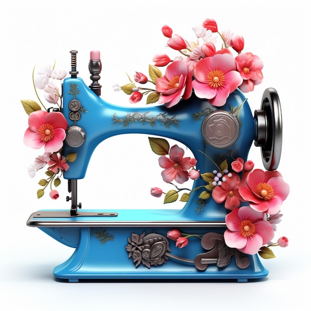 Hay una máquina de coser azul con flores en ella generativa ai