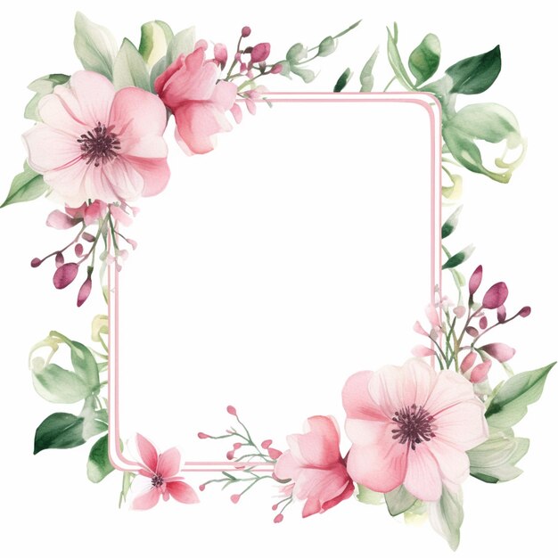 Foto hay un marco de flores rosadas con hojas y flores verdes ai generative