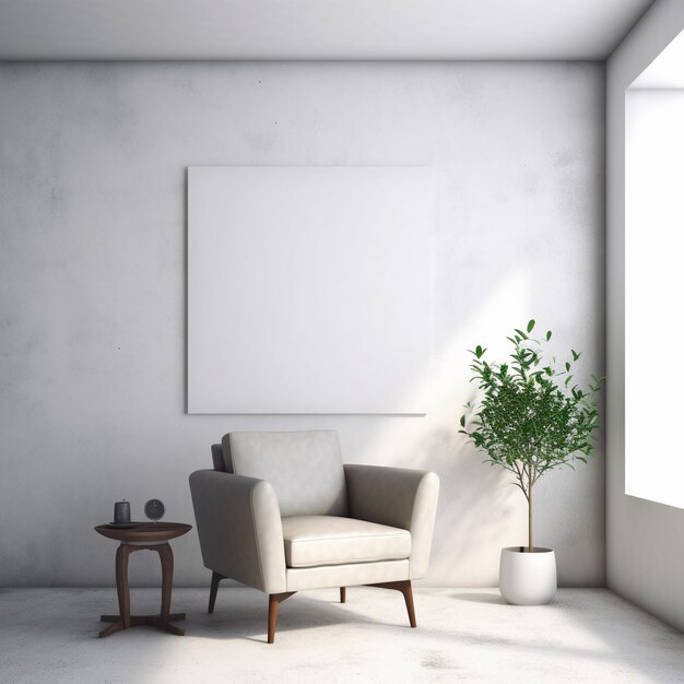 hay un marco en la pared de una habitación con una silla y una planta.