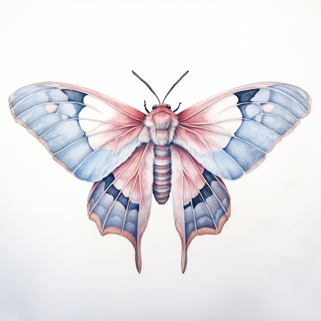 Foto hay una mariposa con un ala rosa y azul en un fondo blanco generativo ai