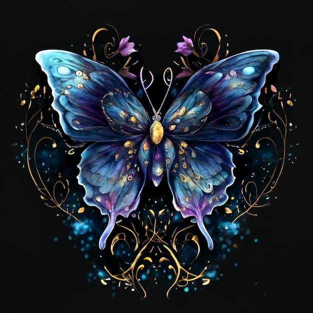 Hay una mariposa con alas azules y detalles dorados sobre un fondo negro generativo ai
