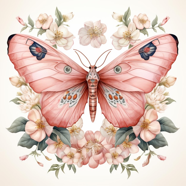 hay una mariposa con alas rosadas y flores en un fondo blanco generativo ai