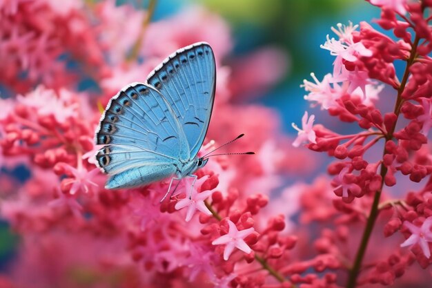 hay una mariposa azul que está sentada en una flor rosa generativa ai