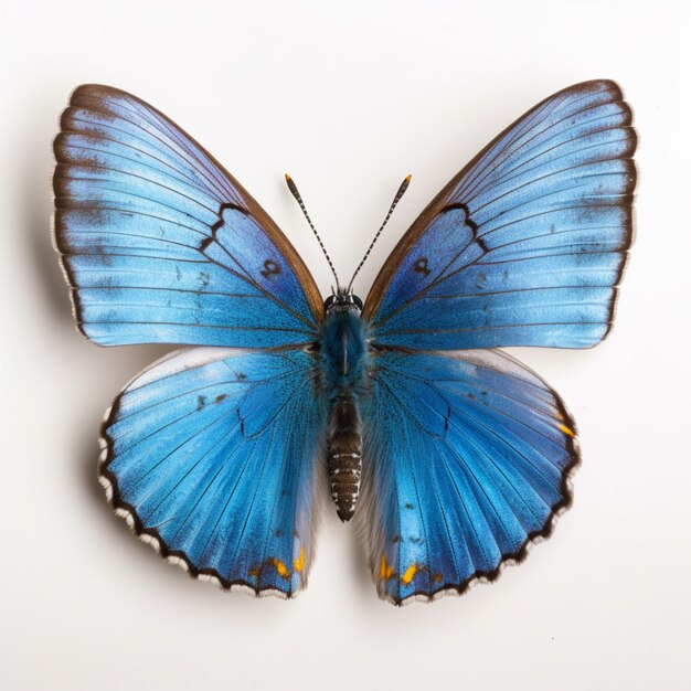 Hay una mariposa azul que está sentada sobre una superficie blanca generativa ai