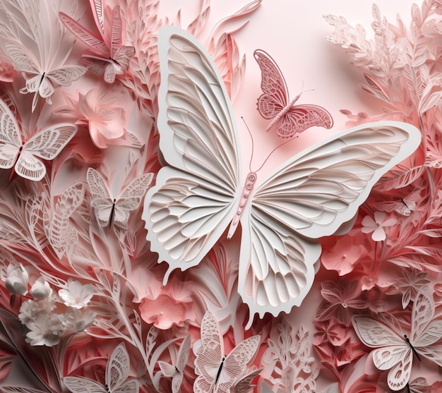 Hay una mariposa cortada en papel sobre un fondo rosa con flores generativas ai