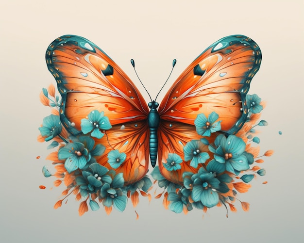 Hay una mariposa con flores azules en sus alas ai generativo.
