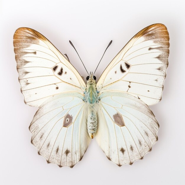 Hay una mariposa que está sentada sobre una superficie blanca generativa ai