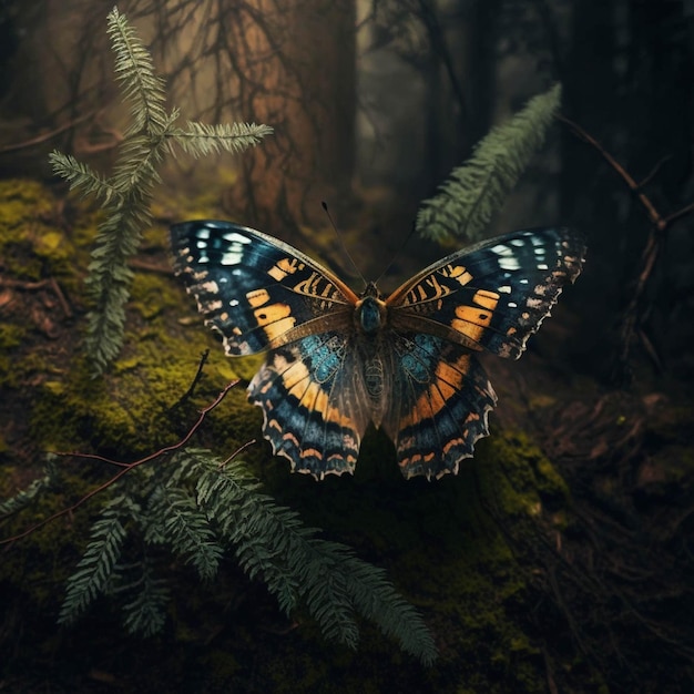 Hay una mariposa que está sentada en un tronco cubierto de musgo ai generativo