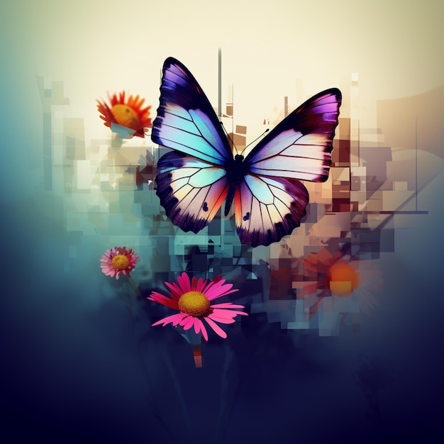 Hay una mariposa que va volando sobre unas flores generativas ai