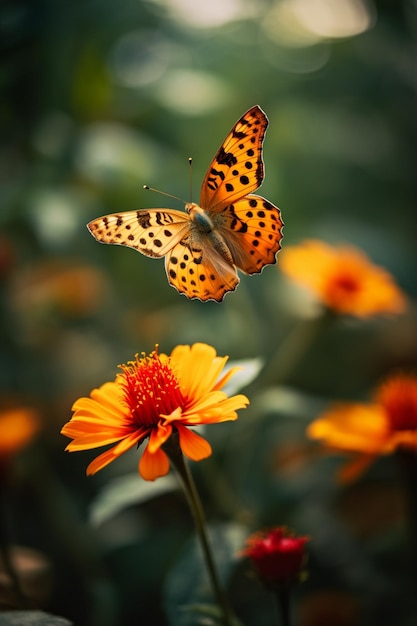 Hay una mariposa que vuela sobre una flor generativa ai