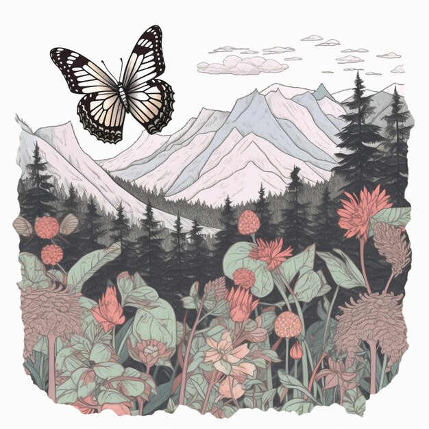 Foto hay una mariposa volando sobre una montaña con flores generativas ai