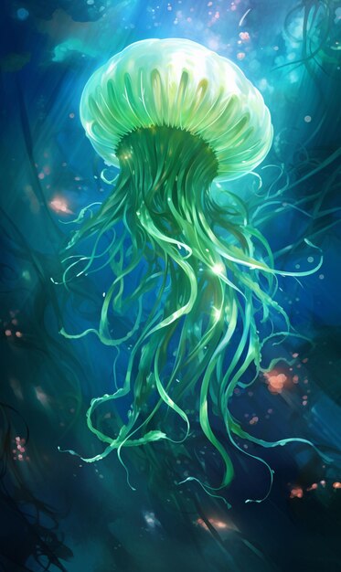 hay una medusa flotando en el agua con una gran cantidad de algas verdes generativas ai
