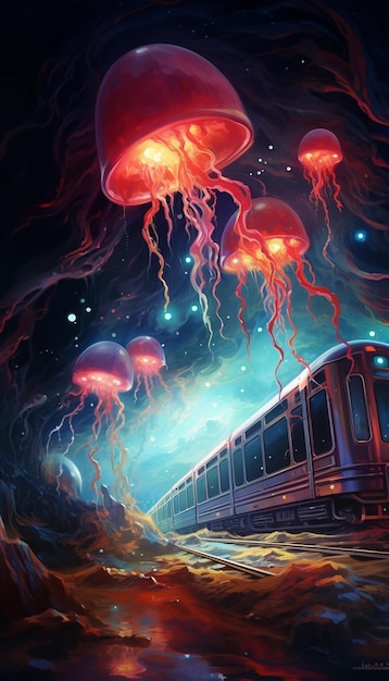 hay medusas flotando en el aire sobre un tren ai generativo
