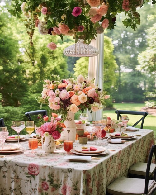 hay una mesa con un centro floral y platos sobre ella generativa ai