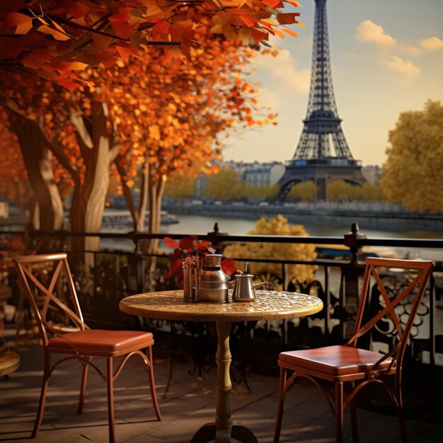 Foto hay una mesa y dos sillas en un balcón con vistas a la torre eiffel.