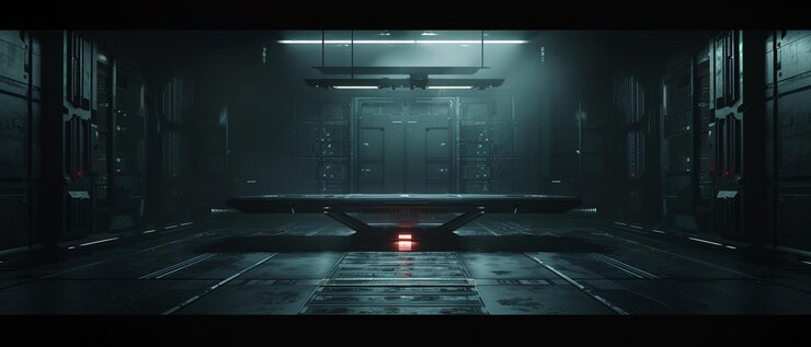 Hay una mesa en una habitación oscura con una luz en generativo ai