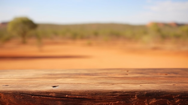 hay una mesa de madera con un fondo borroso de un campo de tierra generativo ai