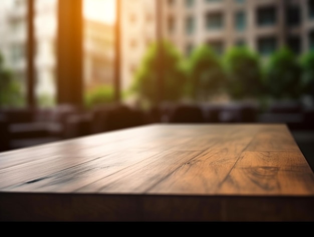 hay una mesa de madera con un fondo borroso de una ciudad generativa ai