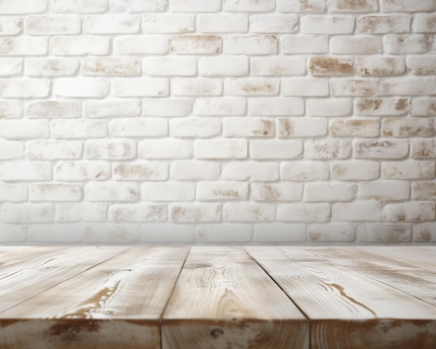 Foto hay una mesa de madera con una pared de ladrillos en el fondo ai generativo