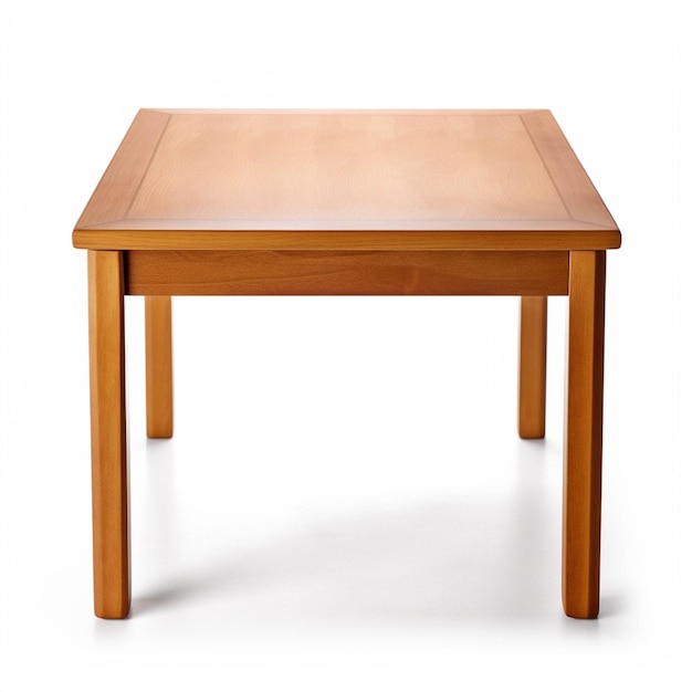 Hay una mesa de madera con una tapa cuadrada sobre un ai generativo de fondo blanco.