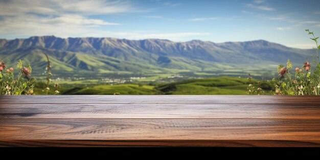 hay una mesa de madera con una vista de una cordillera generativa ai