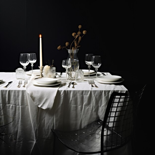 hay una mesa con un mantel blanco y una vela generativa ai