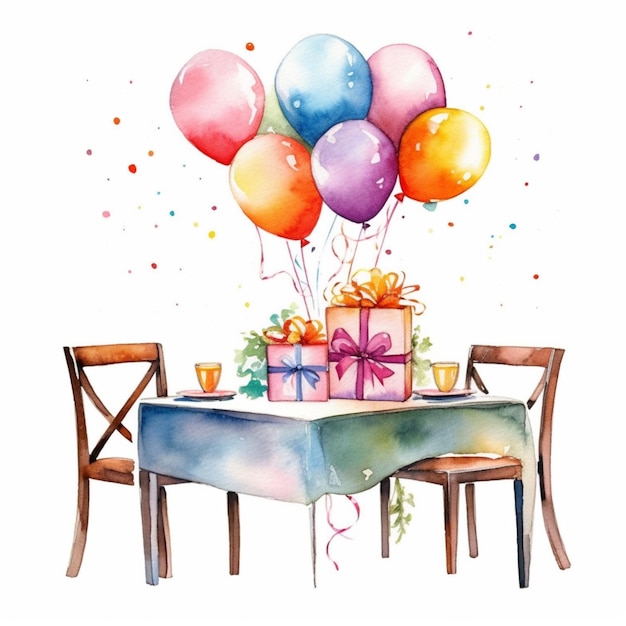 hay una mesa con un montón de globos y regalos en él generativo ai