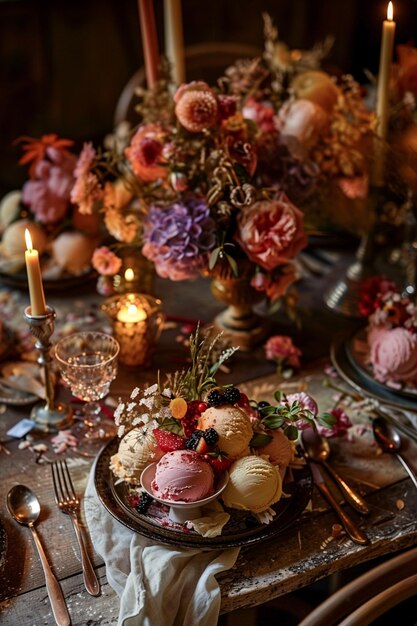 hay una mesa con un pastel y flores en ella generativo ai