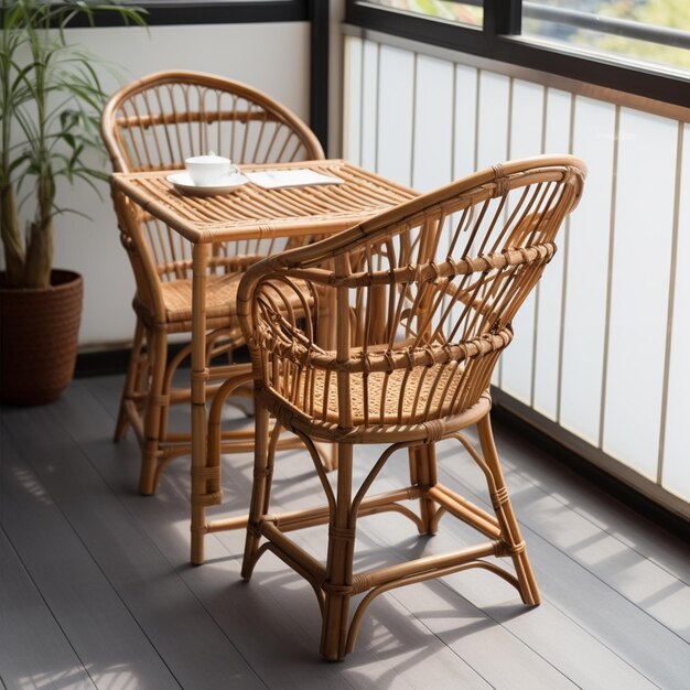 hay una mesa y sillas en un balcón con una planta en maceta ai generativa
