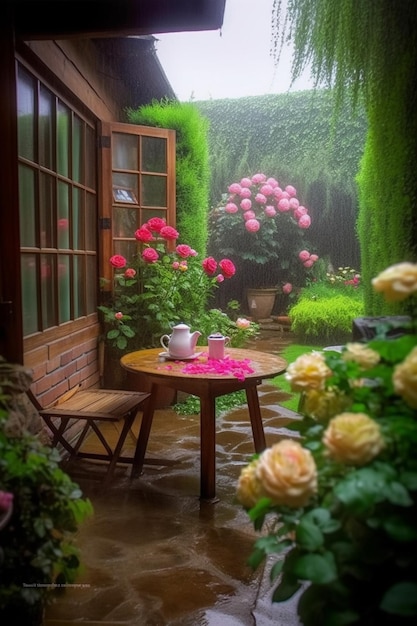 hay una mesa y sillas bajo la lluvia afuera del ai generativo