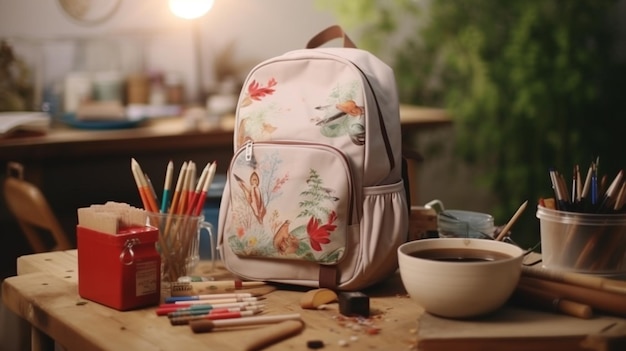 hay una mochila y un cuenco de pintura en una mesa generativa ai