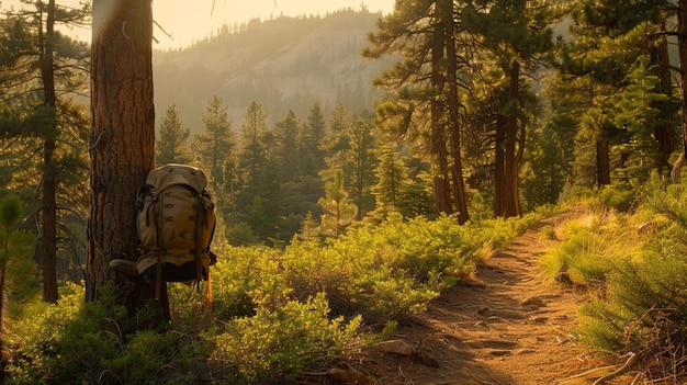 hay una mochila que está sentada en un árbol en el bosque generativo ai