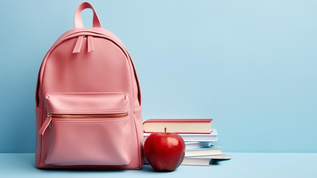 Hay una mochila rosa y una manzana al lado de una pila de libros ai generativo