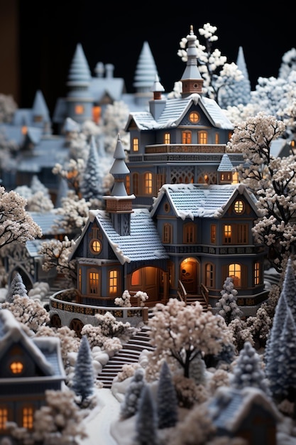 Hay un modelo en miniatura de una casa en la nieve generativa ai