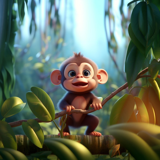 Hay un mono de dibujos animados que está de pie en una rama generativa ai