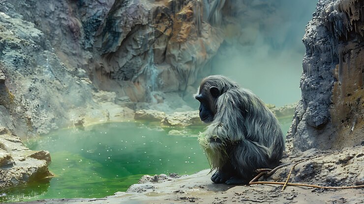Foto hay un mono sentado en una roca cerca de un cuerpo de agua