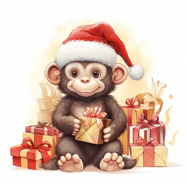 Hay un mono con un sombrero de Papá Noel sosteniendo un presente generativo ai