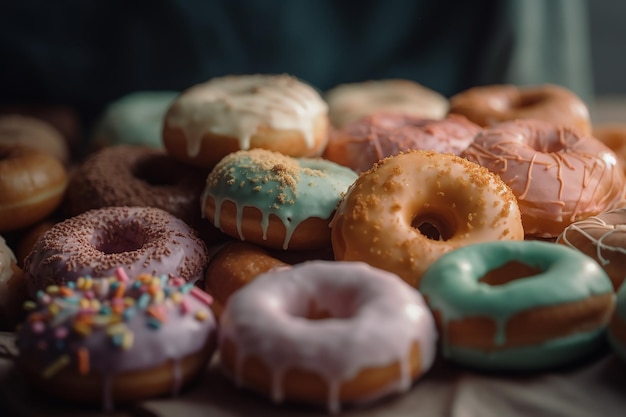 Hay un montón de donas sobre una mesa y una de ellas tiene un glaseado verde y azul.