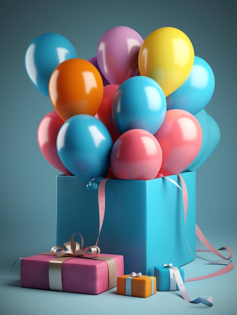 Hay un montón de globos en una caja azul con un regalo.
