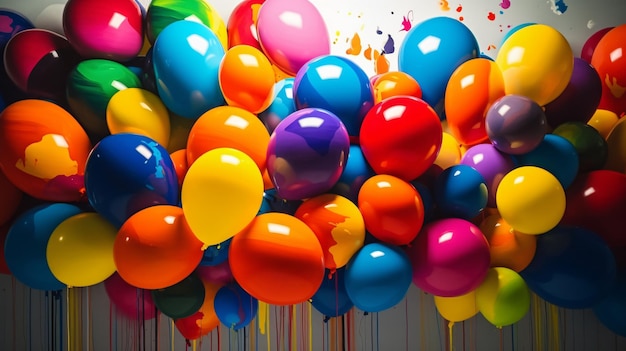 Hay un montón de globos de colores en una pared con la palabra globo.