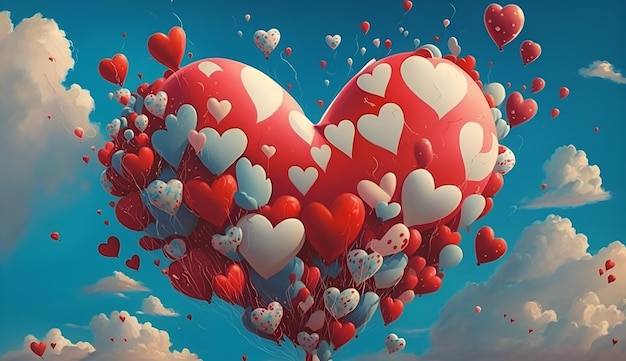 Hay un montón de globos de lámina de color rojo, rosa y blanco en forma de corazón que vuelan en el cielo azul y