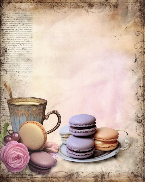 Foto hay un montón de macarons y una taza de café sobre una mesa ai generativa