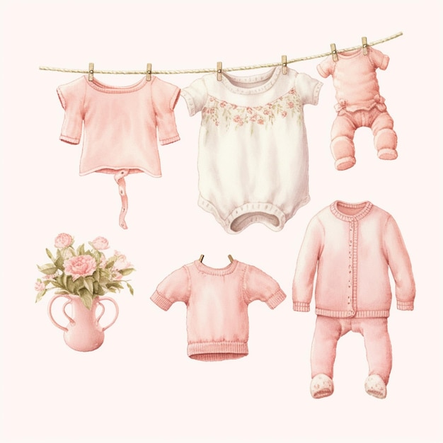 hay un montón de ropa de bebé colgando en una línea de ropa generativa ai