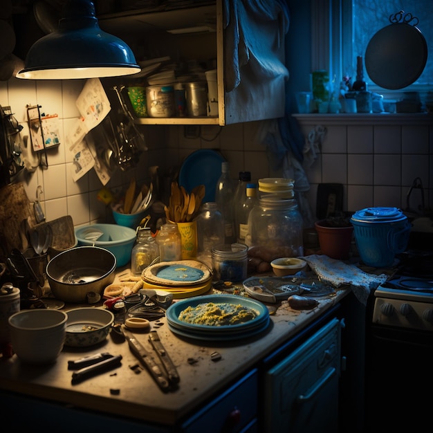 Foto hay un mostrador de cocina con muchos platos en él generative ai