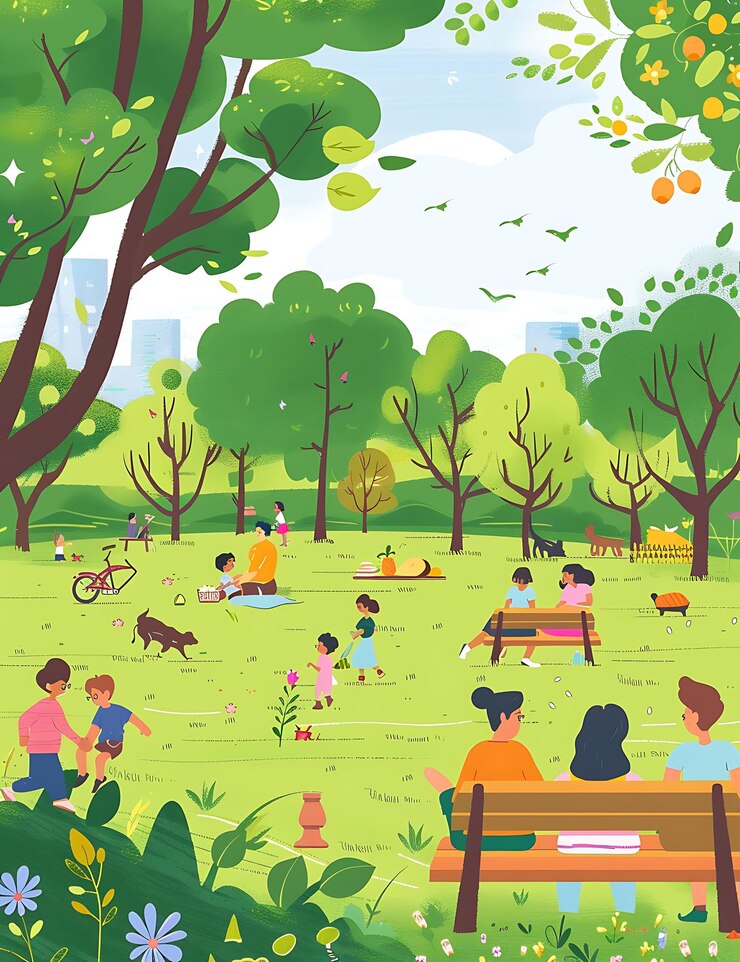 Hay mucha gente en el parque jugando con sus perros.